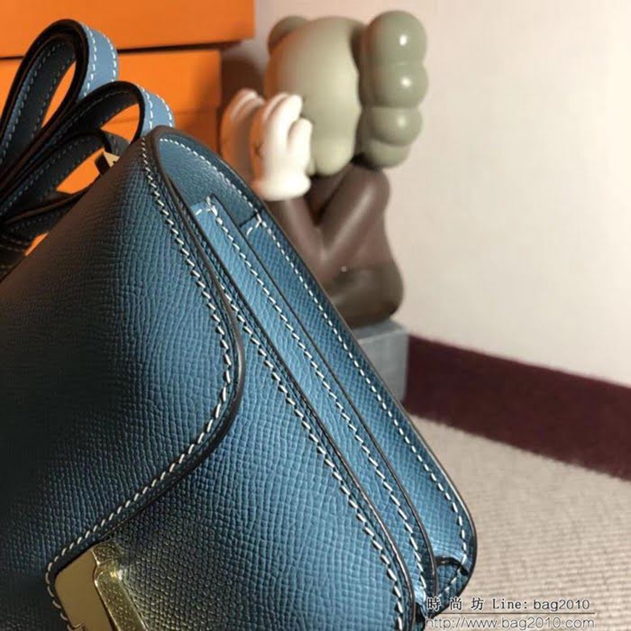 HERMES愛馬仕 空姐包 constance 牛仔藍 EPSOM 18cm 金扣 蠟線縫製 單肩斜挎包  Ama1482